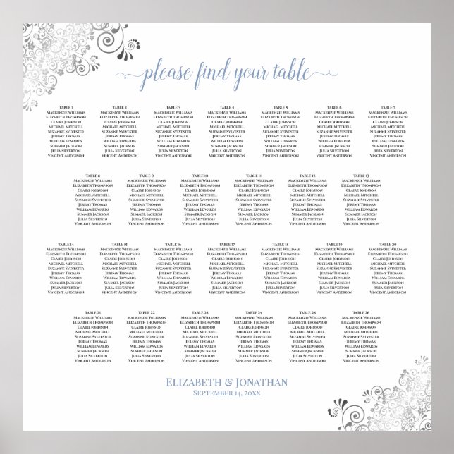 Frilly 26 Table Wedding Seating Chart White & Blue Poster (Vorne)