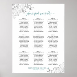 Frilly 9 Table Wedding Seating Chart White & Aquam Poster