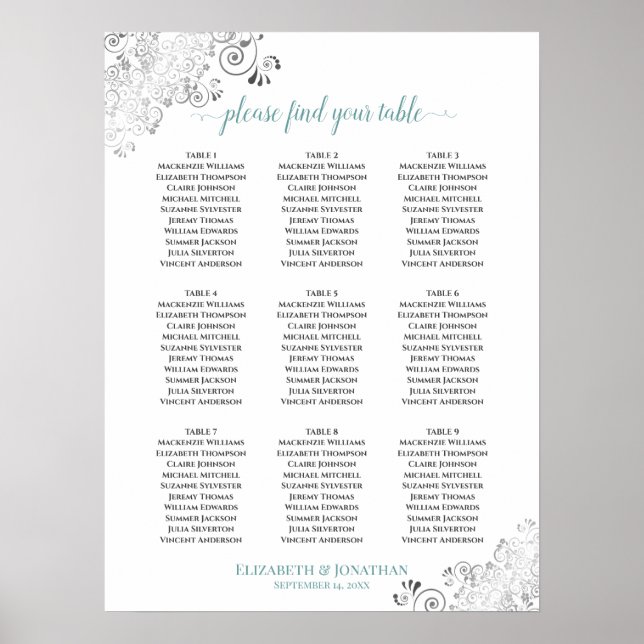 Frilly 9 Table Wedding Seating Chart White & Aquam Poster (Vorne)