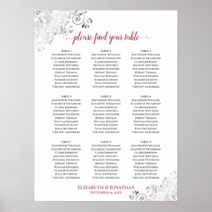 Frilly 9 Table Wedding Seating Chart White & Red Poster