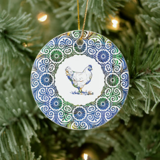Frilly Chicken in blau und grün Keramik Ornament