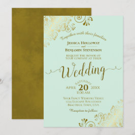 Frilly Elegant Pale Mint Green & Gold Wedding Einladung