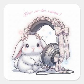 Frilly Headphone Bunny - Lovely Music Lover Kawaii Quadratischer Aufkleber