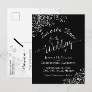 Frils argentés sur faire-part de mariage chic noir