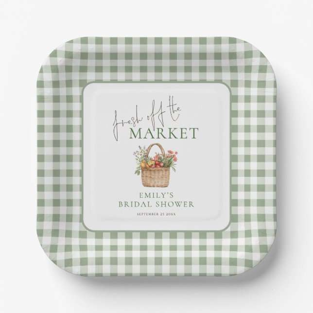 Frisch auf dem Markt Sage Gingham Brautparty Pappteller (Vorderseite)
