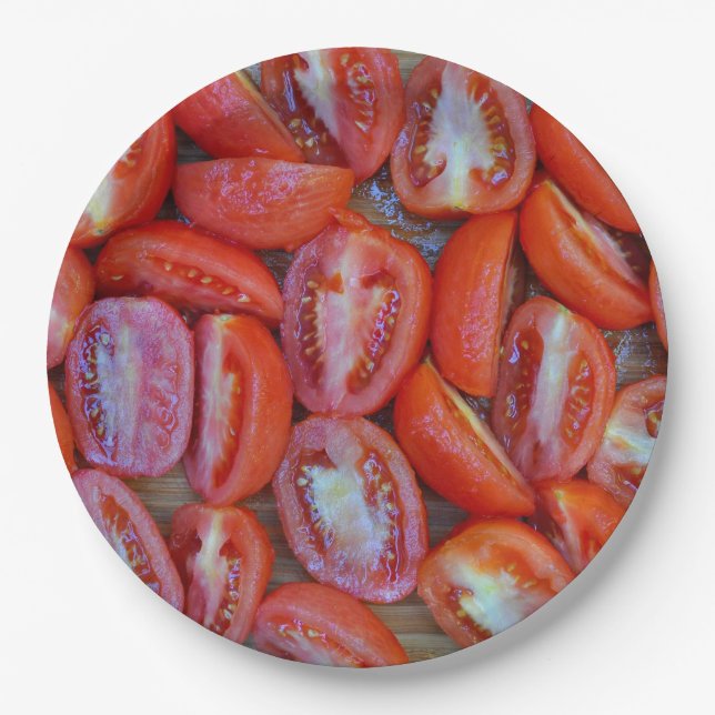 frisch geschnittene Tomaten Pappteller (Vorderseite)