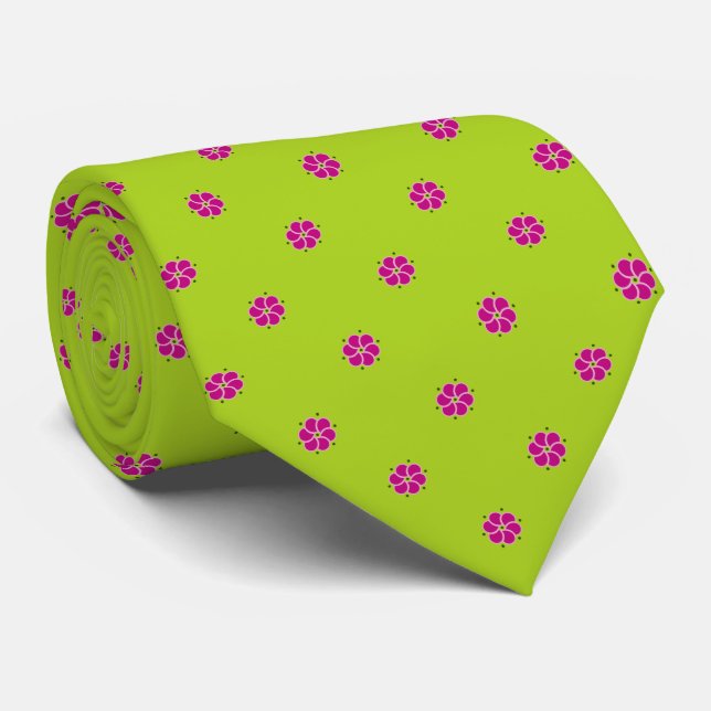 Frisch grün mit rosa Blume Krawatte (Gerollt)