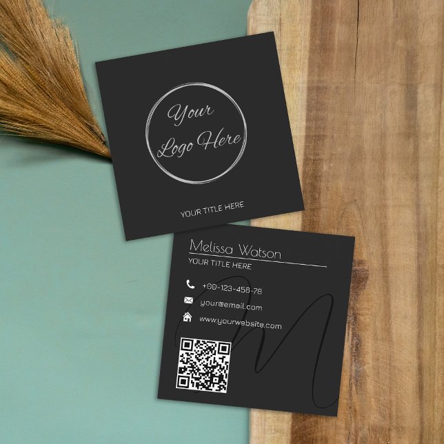 Frisch schwarz minimalistisch mit Logo Quadratische Visitenkarte (Von Creator hochgeladen)