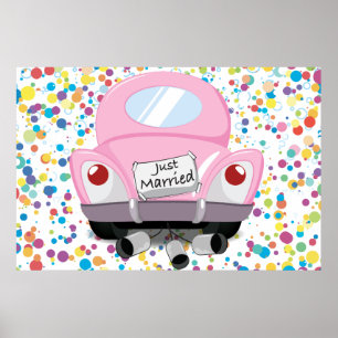 frisch+vermählt,vermählte+auto,karikatur+hochzeit+ poster