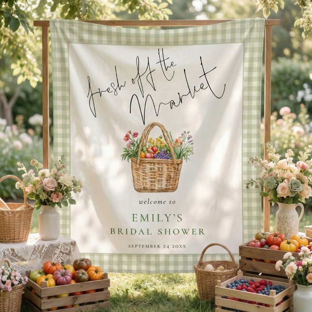 Frisch vom Markt Salbei Gingham Willkommen Wandteppich (Von Creator hochgeladen)
