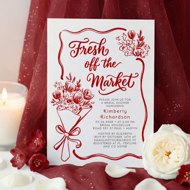 Frisch vom Markt - Whimsical-Rot-Brautdusche Einladung (Fresh Off The Market Burgundy Red Hand Drawn Whimsical Bridal Shower Invitations)