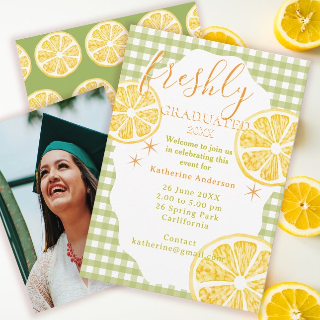 Frische Absolventen-Limonaden-Gingham Karte (Freshly Lemon Graduated Invitation Card.)
