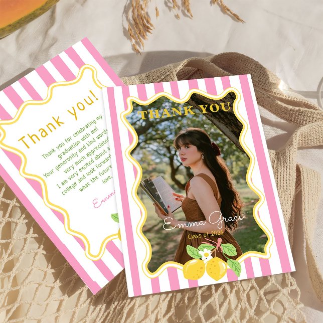 Frische Absolventen-Zitronen-Rosa-Streifen-Abschlu Dankeskarte (Von Creator hochgeladen)