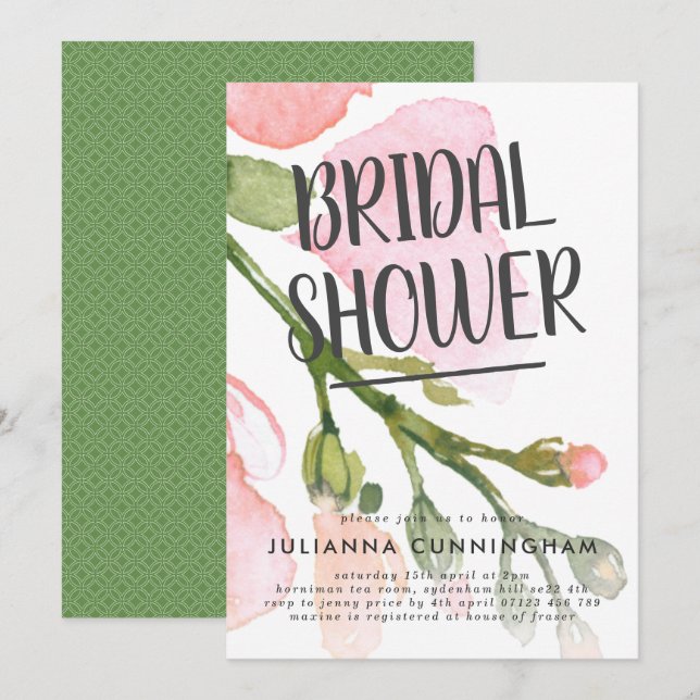Frische Aquarellblüten Bridal Dusche Einladung (Vorne/Hinten)