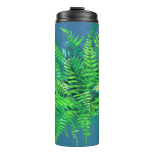 Frische Blätter, Blumenmuster, Grünpflanzen, Blau  Thermosbecher