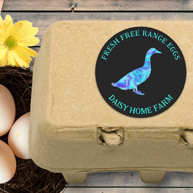 Frische Eier Modernes Geschäft Runder Aufkleber (Fresh free range duck eggs custom business stickers with bold colorful watercolor duck art)