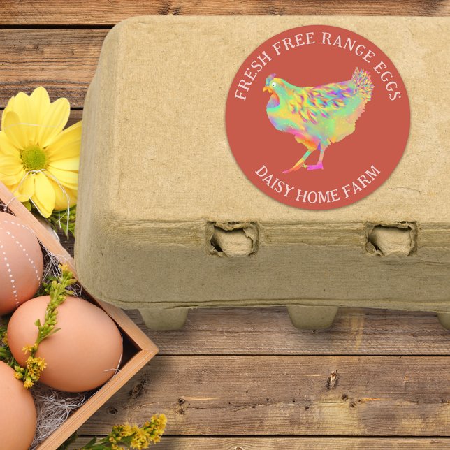 Frische Eier Wasserfarben Hühnergeschäft Runder Aufkleber (Fresh free range chicken egg box stickers with business name and cute colorful hen illustration )