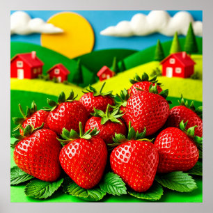 Frische Erdbeeren auf einer grünen Wiese Poster