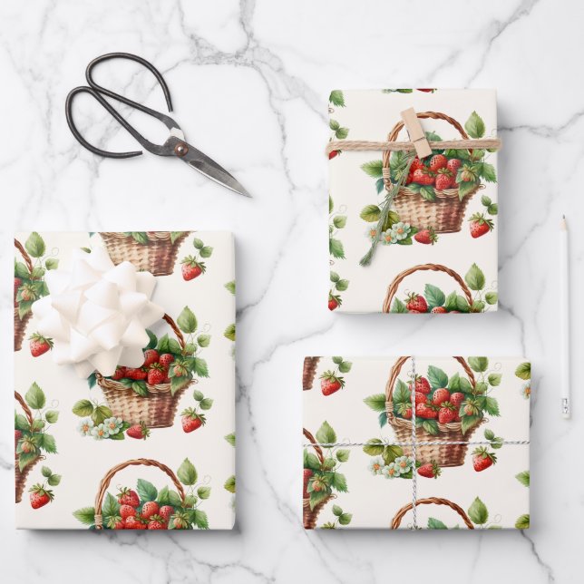 Frische Erdbeeren im Korbmuster Geschenkpapier Set (Vorderseite)