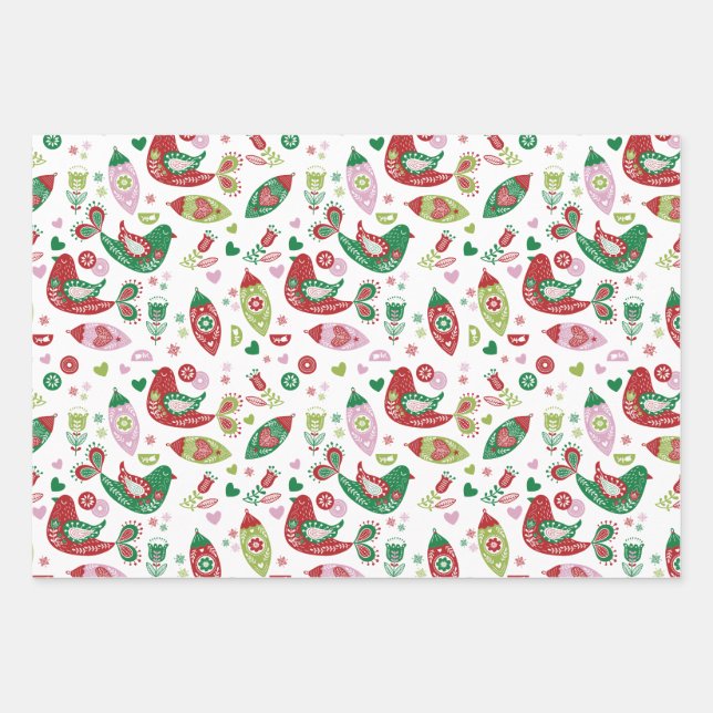 Frische Farben der Folk Partridges Weihnachten Geschenkpapier Set (Vorderseite)