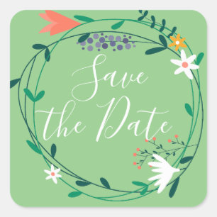 Frische Frühlingsblumengirlande Save the Date Quadratischer Aufkleber