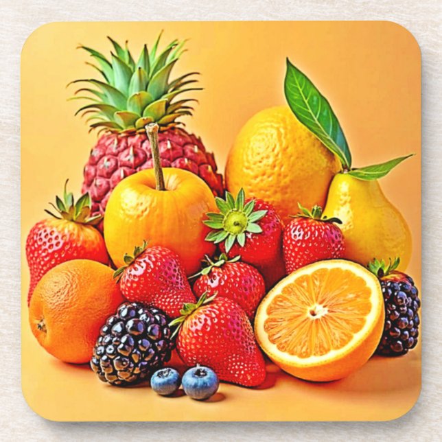 Frische Fülle: Lebendiges Frucht Erntes Design  Getränkeuntersetzer (Vorderseite)