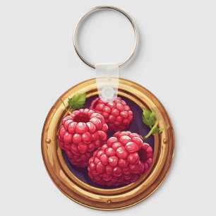 Frische Himbeeren in goldenem Kunstwerk gerahmt Schlüsselanhänger