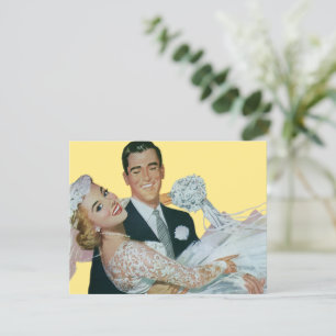 Frische Hochzeitsneuvermählte, glückliche Braut un Ankündigung