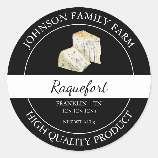 Frische Raquefort-Käse, schwarzes Etikett Runder Aufkleber (Vorderseite)