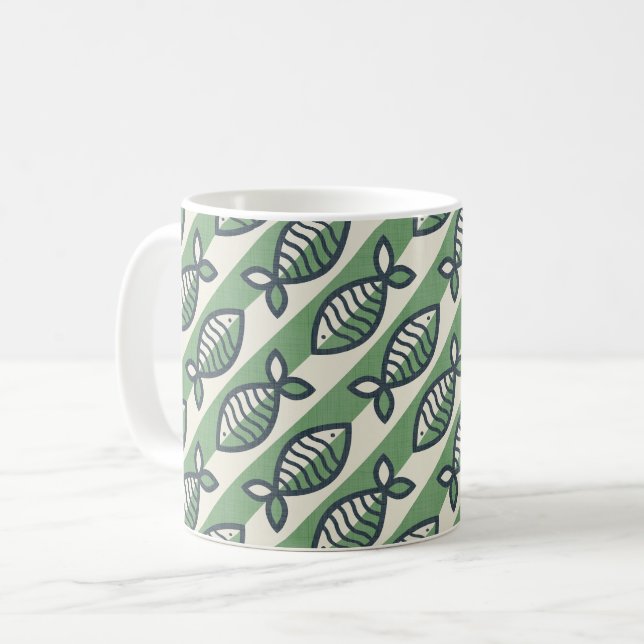 Frische Retrofische grün und grau Kaffeetasse (Vorderseite Links)