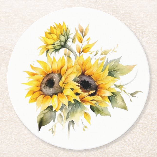 Frische Sonnenblumen: Personalisierte Hochzeitssli Runder Pappuntersetzer (Vorderseite)