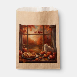 Frische Torte auf der Theke Katze und Kürbisse Geschenktütchen