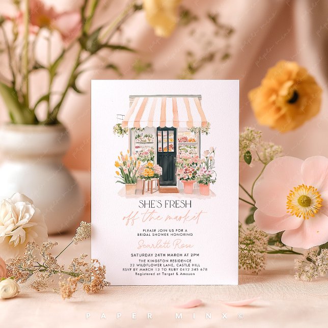 Frische vom Brautparty des Marktes für Bauern Einladung (She's off the Market! Flower Shop Farmer's Market Bridal Shower Invitation Peach and Pink Flowers)