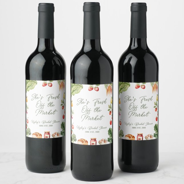 Frische vom Brautparty des Marktes für Bauern Weinetikett (She’s fresh off the market! Rustic bridal shower wine label with fruits, veggies & farmhouse flair)