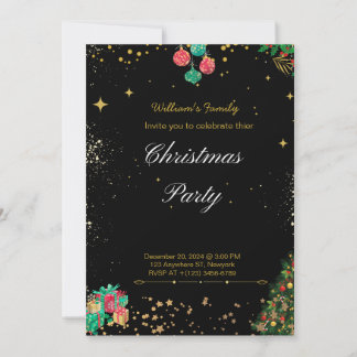 Frische Weihnachts-Party Schwarz und Gold Einladung