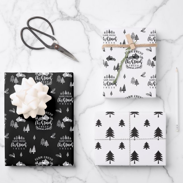 Frische Weihnachtsbaume Rücken & Weiß Geschenkpapier Set (Vorderseite)