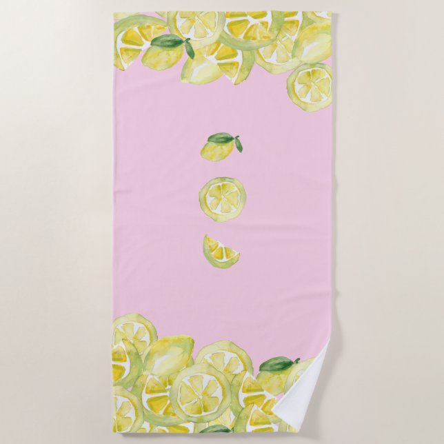 Frische Zitronen Rosa Gelbe Wasserfarben Zitronen Strandtuch (Vorderseite)