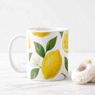 Frische Zitronenmuster mit Blättern und Blüten  Kaffeetasse