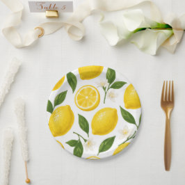 Frische Zitronenmuster mit Blättern und Blüten Pappteller