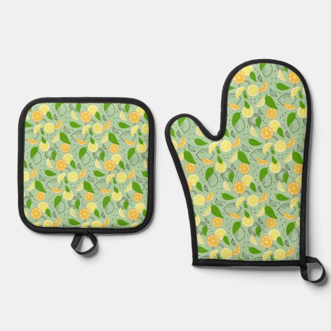 Frische Zitrusfrüchte. Ofenhandschuh & Topflappen-Set (Vorderseite)