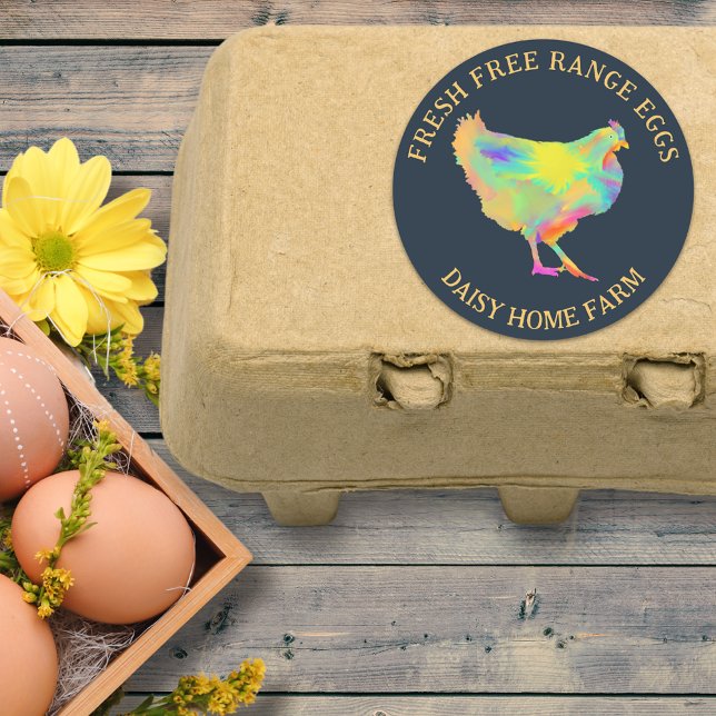 Frischeier Hühnergeschäft Personalisiert Runder Aufkleber (Fresh free range chicken egg box stickers with personalized business name colorful hen)
