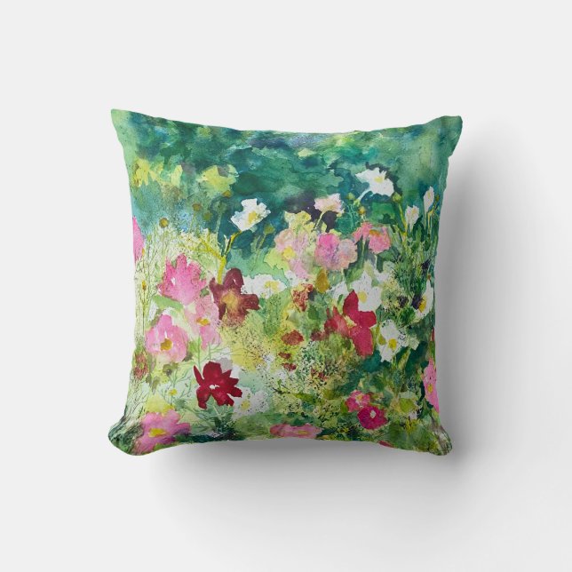 Frischer Sommerkosmos Blumengrün Wasserfarbe Kissen (Vorderseite)