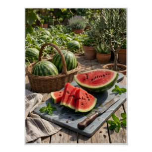 Frischer Wassermelonen-Rustikale-Picknick-Fruchtko Poster