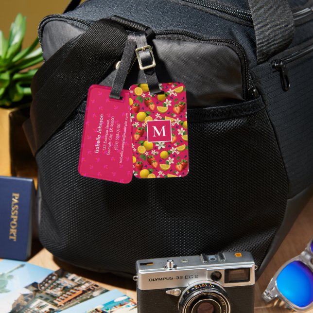 Frisches Obst Erdbeeren & ZitronenMonogramm - Rosa Gepäckanhänger (Vorderseite & Rückseite)