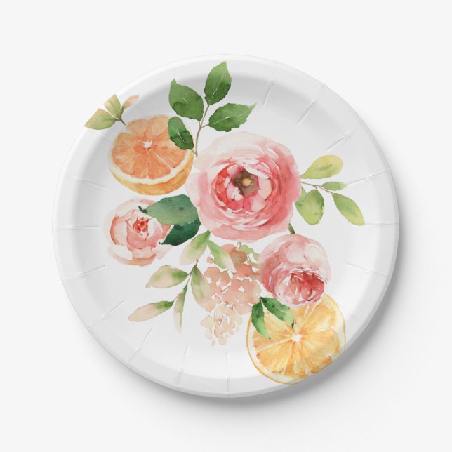 Frisches Obst und Blume Aquarellgestaltung Pappteller (Vorderseite)