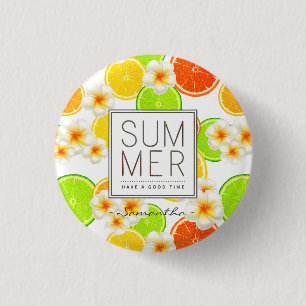 Frisches Sommerobst und exotische Plumeria-Blume Button