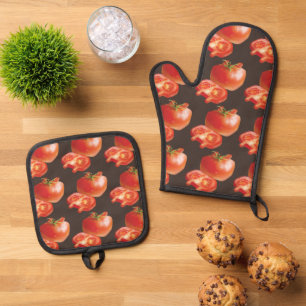 Frisches Tomatenmuster: Saftige rote Küchenkunst Ofenhandschuh & Topflappen-Set