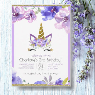 Frisches Violett | Unicorn Girl Lila Birthday Part Einladung