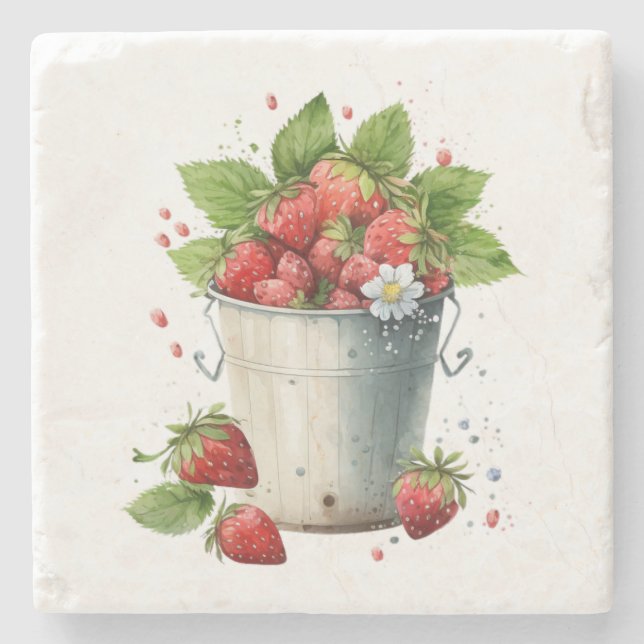 Frischgepflückte Erdbeeren in einem Eimer Steinuntersetzer (Vorderseite)
