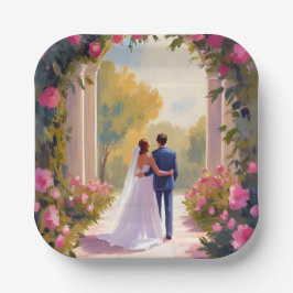 Frischvermählte Braut & Bräutigam Hochzeitsmalerei Pappteller